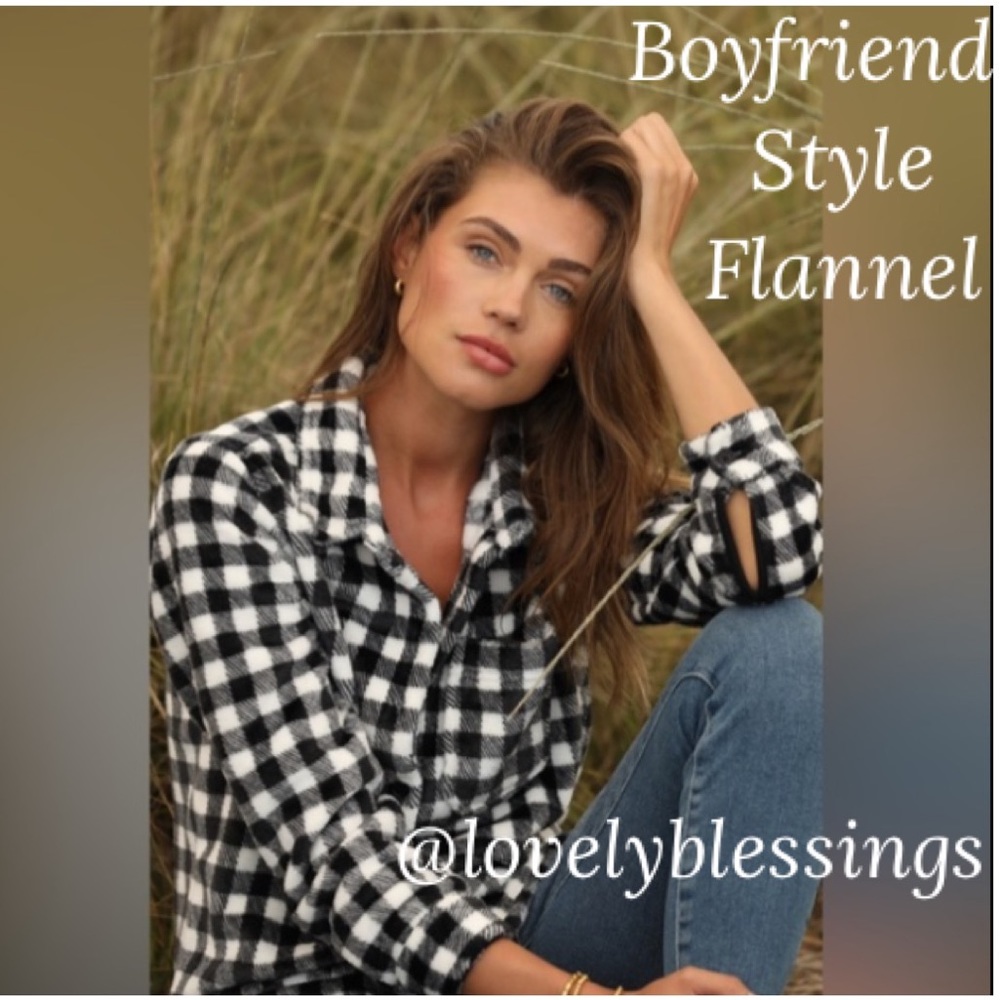 Boyfriend Flannel Shirt Checked Buffalo Plaid Houndstooth Deep Blue Black White